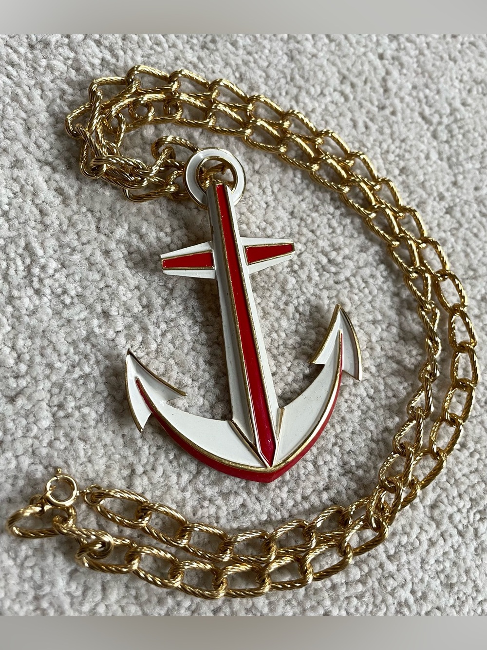 Vintage Trifari Gold Chain Necklace with Red & White Anchor Pendant